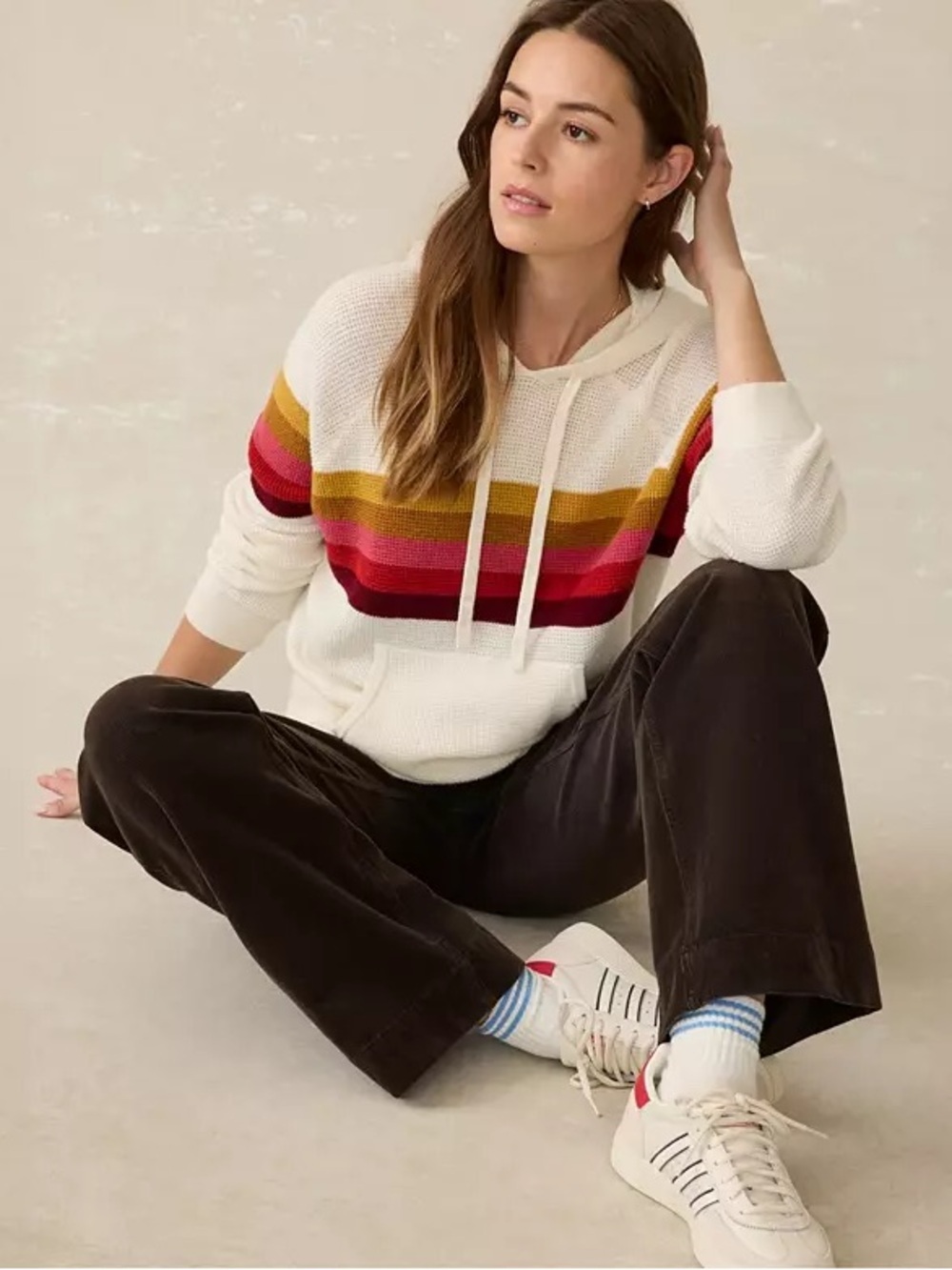 FAHERTY Throwback Golden Trek Waffle Knit Striped Hoodie Sweater Pullover Top